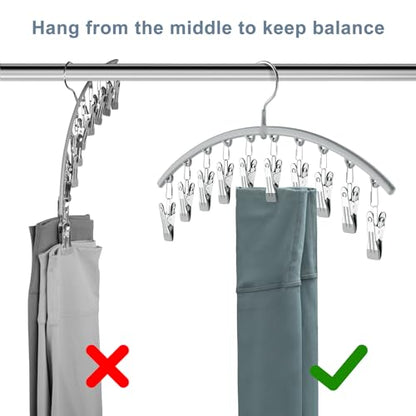 Legging Organizer for Closet, Metal Yoga Pants Hanger w/Rubber Coated 2 Pack w/10 Clips Hold 20 Leggings, Hangers Space Saving Hanging Closet Organizer for Closet Organizers and Storage-Grey
