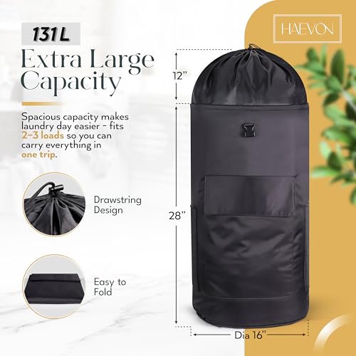 HAEVON Heavy Duty Laundry Backpack, Black | Padded Straps, Removable Liner