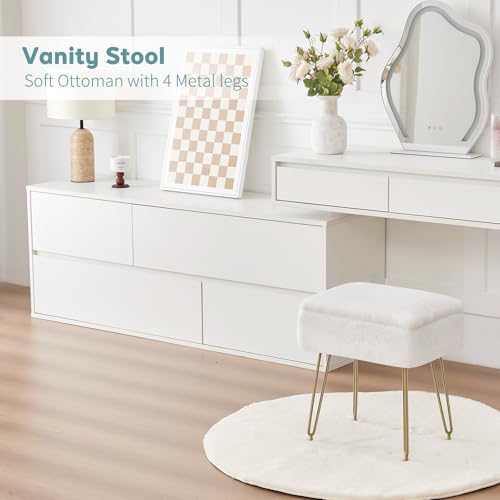 BRIAN & DANY Vanity Stool, Faux Fur Vanity Stool Chair with Storage, Rectangle Makeup Chair Soft Padded Seat with Legs for Bedroom (White)