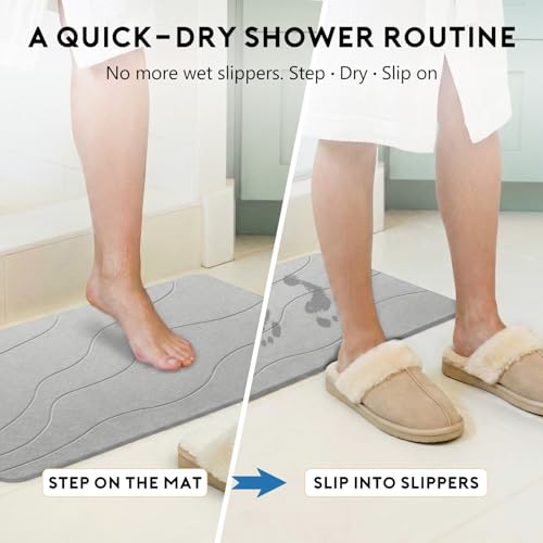 Stone Bath Mat, Quick-Dry Diatomaceous Earth Shower Mat, Absorbent Bathroom Mat for Shower/Tub Exit, New Apartment Essential & Housewarming Gift, 23.5" x 15.5" Light Gray Wave