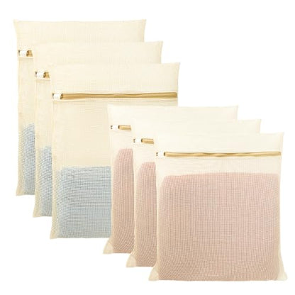 6Pcs Organic Cotton Mesh Laundry Bags for Delicates, Durable Mesh Wash Bags, Sturdy Zipper Laundry Bag for Underwear, Clothes, Shoes, Socks, (3 Large, 3 Medium)