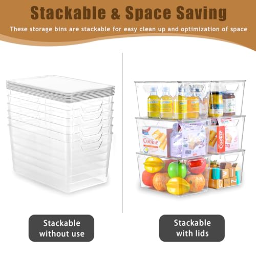 Freebat 6 Pack Clear Storage Bins with Lids, 7 Quart Pantry Organizer Bins | Stackable Plastic Storage Containers, Pantry Organization for Office, Bedroom, Cabinet, Fridge,Kitchen Organization