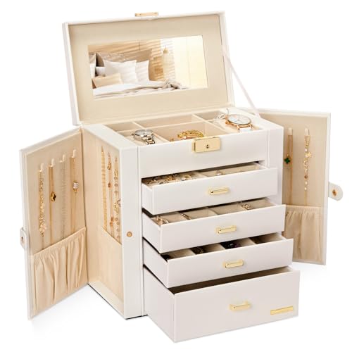 Synthetic Leather Huge Jewelry Box Mirrored Watch... (White + Gold | Faux Leather)
