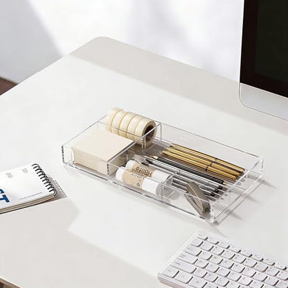 HBlife Acrylic Desk Drawer Organizer Tray with 6 Compartments, Small Clear Office Drawer Organizers and Accessories for Pens, Pencil, Makeup, Desktop, Bathroom and Kitchen, 11.65 x 6.1 x 1.38 Inch