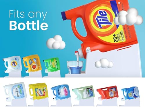 Liquid Laundry Detergent Holder Stand with Drip Tray - 1 Pack - White | Easy Pouring, Rubber Feet, Secure Strap, Angled Stand, Fabric Softener Dispenser for Laundry Room Organization & Storage