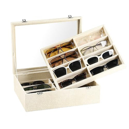 16-Slot Sunglass Organizer Box,2 Layer Velvet Sunglasses Holder | Soft Velvet Material,Sunglass Case for Multiple Sunglass,Sunglass Box for Women,Eyeglass Organizer,Sunglass Display