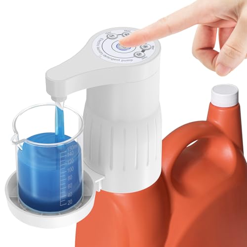 【IMPORTANT! Measure First】Electric Laundry Detergent Pump - Reusable Laundry Detergent Dispenser with Graduated Cup for Liquid Detergent, USB Rechargeable, Ideal for Laundry Room Organization (White)