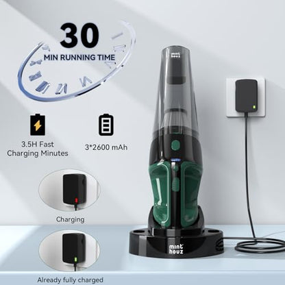 Minthouz Cordless Handheld Vacuum, 9700Pa Suction, LED Light, Charging Base | Strong Suction Car Vacuum Cleaner, Multi-Function Accessories, High-Efficiency Filter, for Home, Car, Pet, Office