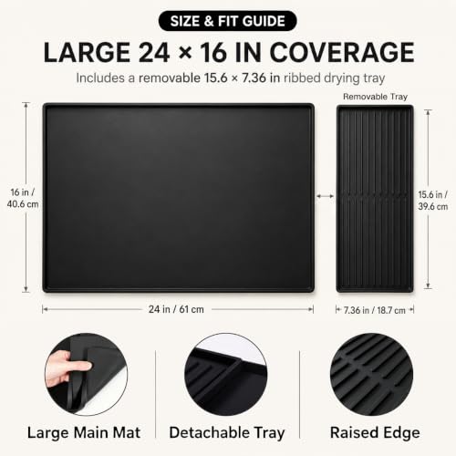 Silicone Coffee Mat 24 x 16 in with Tray, Classic Black | Coffee bar mat for countertop use, coffee station mat or coffee machine mat with removable tray and 0.47 in raised rim.