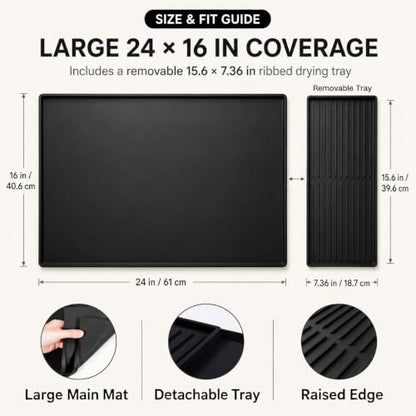 Silicone Coffee Mat 24 x 16 in with Tray, Classic Black | Coffee bar mat for countertop use, coffee station mat or coffee machine mat with removable tray and 0.47 in raised rim.