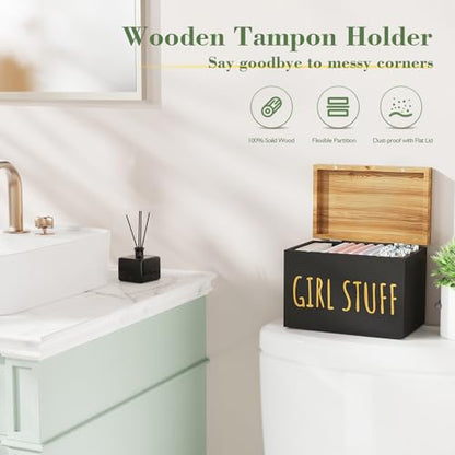 Wooden Tampon Holder, Matte Black, Hinged Lid Organizer | Shark Week Period Box, Pad Holder for Bathroom, Tampon Storage, Feminine Product Organizer, Stylish Girl Stuff Box