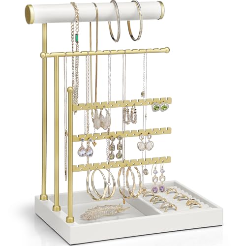 VLANDO Jewelry Stand Organizer with Ring Holder, Jewelry Holder Organizer with Tray, Necklace Holder Bracket Holder Earring Holder - White