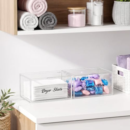 Acrylic Dryer Sheet Holder Dispenser Container,Bonus Black Labels Included | Clear Fabric Sheet Holder Box for Bathroom,Laundry Room Storage Organization and Decor