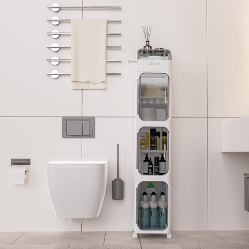 4-Tiers Toilet Paper Storage, Slim Bathroom Organizers and Storage, Bathroom Counter Organizer, Bathroom Organizer Storage Cabinet, Portable Laundry Room Organization, Plastic White Clear Doors