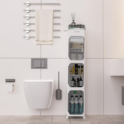 4-Tiers Toilet Paper Storage, Slim Bathroom Organizers and Storage, Bathroom Counter Organizer, Bathroom Organizer Storage Cabinet, Portable Laundry Room Organization, Plastic White Clear Doors