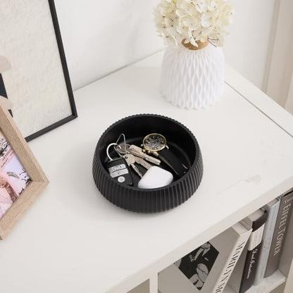Concrete Key Bowl for Entryway Table, 7" Key Holder Bowl for Keys, Black | Charcoal Black - Handcrafted - Solid Concrete - Smooth Matte Finish - Fluted Design - Minimalist & Organic Modern Home Decor