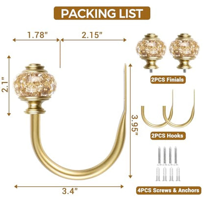 Gold Curtain Holdbacks, Decorative Drapery Tiebacks, 2 Pack/1 Pair | Curtain Hooks for Drapes, Wall Mounted, Vintage Crystal Finials, Durable Metal Material, Size: Small(3.95" L x 3.4" W)
