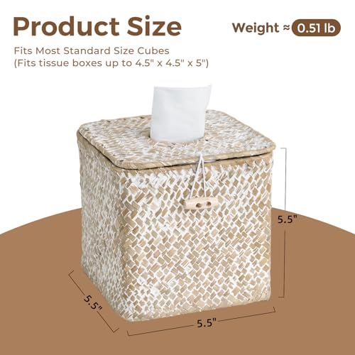 Seagrass Tissue Box Cover Square, Woven Wicker Tissue Box Holder, Whitewash | With Lid, Natural Seagrass, Handwoven, Boho Decor, Decorative Facial Cube Tissue Cover Holder for Bathroom Office Table