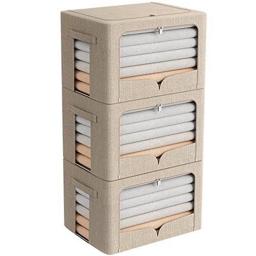 FHSQX 3 Pack Clothes Storage Bins Foldable Metal Frame Storage Box Stackable Linen Fabric Organizer Set with Carrying Handles and Clear Window (Beige, 15.7x11.8x11.8inch(36L))