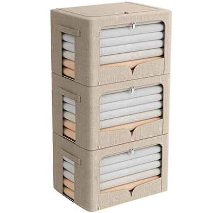 FHSQX 3 Pack Clothes Storage Bins Foldable Metal Frame Storage Box Stackable Linen Fabric Organizer Set with Carrying Handles and Clear Window (Beige, 15.7x11.8x11.8inch(36L))