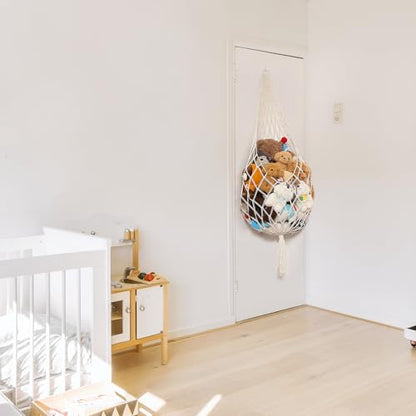 Amdermi Stuffed Animal Hammock Corner, Boho Macrame Plush Toy Storage Net for Wall, Hanging Stuffed Animal Holder for Nursery, Playroom, Kids Room, Cream