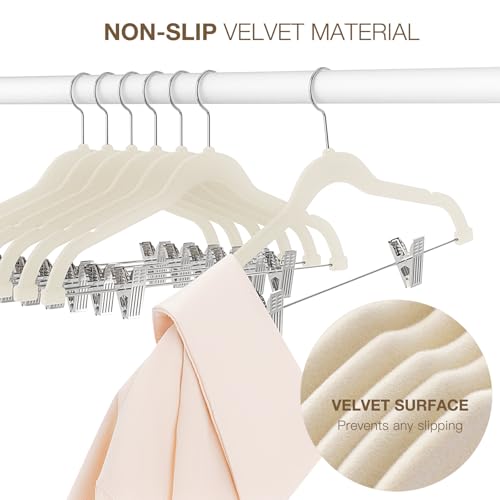 Korpai 24-Pack Beige Velvet Hangers with Clips Adjustable,Adult Hangers,Outfit Hangers,Heavy-Duty,Non-Slip,Space Saving, Felt Hanger for Pants, Skirts, Suits,Coats, Dresses ect.