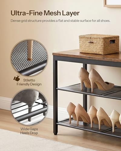 HOOBRO Shoe Bench, 3-Tier Shoe Rack, Industrial Shoe Organizer Storage Bench, 29.5 inches Entry Bench with Mesh Shelves, for Entryway, Living Room, Hallway, Easy Assembly, Rustic Brown BF75HX01