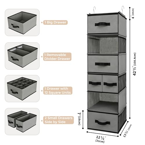 GRANNY SAYS Hanging Closet Organizer 6 Shelves, Closet Organizers and Storage with 5 Drawers, 6 Side Pockets Closet Hanging Organizer, Hanging Storage Organizer for Closet, Baby Clothes, Gray