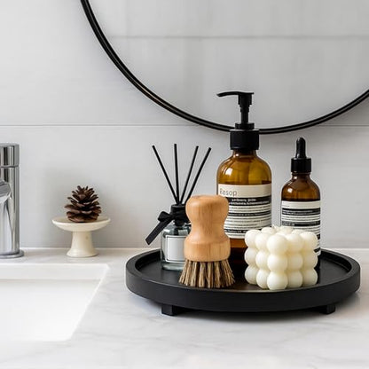 Black Round Decorative Wooden Tray for Bathroom Counter Table Trays Decor | Circle Wood Riser Kitchen Counter Soap Sink Vanity Trays Lazy Susan Candle Pedestal Stand Bandeja Decorativas Small Oil Tray