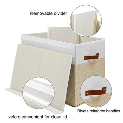 Large Toy Storage Box with Lid, Toy Chest Bin Boxes Basket with Dividers | Sturdy Toy Organizer Bin for Kids, Boys, Girls, Nursery, Living Room, Bedroom, Playroom 25"x13" x16" (Beige and White)