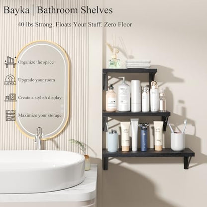 BAYKA Wall Mounted Floating Bathroom Shelves, Wood Floating Wall Shelf for Bathroom Essentials & Decor, Small Space-Saving Display & Organizer（Black，Set of 3）