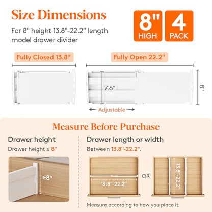 Lifewit 8" Tall Drawer Dividers, Adjustable Deep Drawer Organizer Clothes | 4 Pack 13.8"-22.2" Expandable White Plastic Separators for Dresser, Kitchen, Cabinet, Closet, Office Organization & Storage