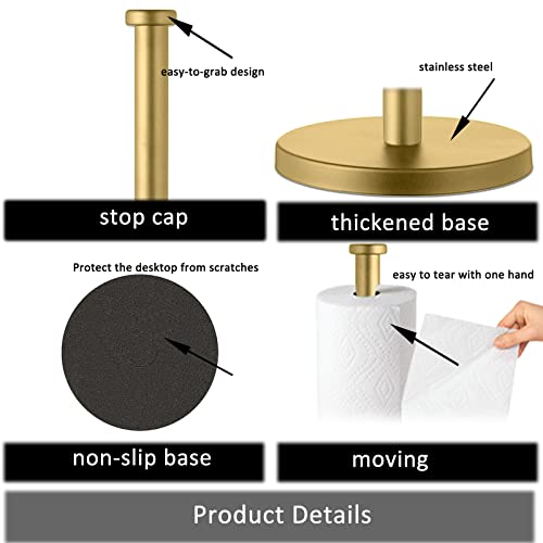 Stainless Steel Gold Paper Towel Holder Countertop for Kitchen Bathroom, Standing Paper Towel Holder with Weighted Base.