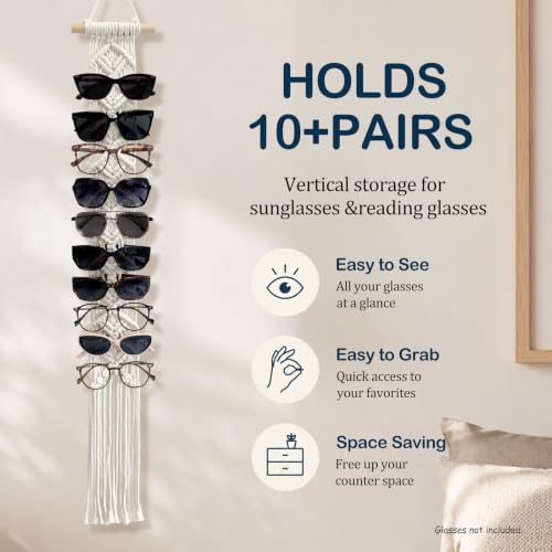 Besoamo Macrame Sunglasses Holder for Wall, Boho Eyeglasses Organizer Holds Up to 10 Pairs, Handmade Cotton Rope Glasses Rack, Hanging Eyewear Display Storage for Home, Bedroom, Entryway, Closet