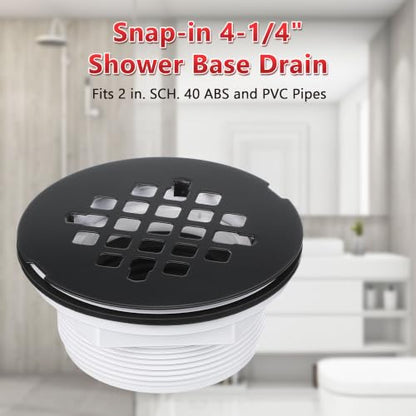 Enhon 4.25" OD Shower Drain Assembly, Snap in Shower Base Drain and Round Grid Strainer Cover, Fits 2 in. Schedule 40 ABS and PVC Pipes, Stainless Steel Cap, ABS Base(Matte Black,1 Pack)