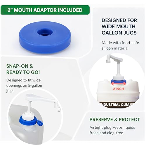 Pump for Gallon Jug & 5 Gallon Bucket, 2pc, White, Leakproof Heavy Duty | Pump Dispenser for Laundry Detergent, Shampoo, Soap, Oil, Snow Cone Syrup, Popcorn Butter, Commercial Household Industrial