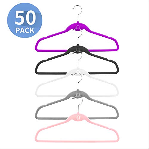 Multi-Color Velvet Hangers 50 Pack with Cascading Hooks, Non-Slip Black, Pink, White, Grey, and Purple Velvet Hangers for Clothes, Suits, and Coats