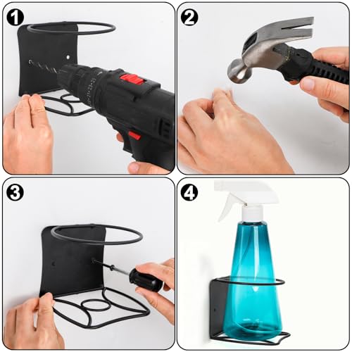 Okllen 4 Pack Spray Bottle Holder, Heavy Duty Metal Wall Mount Spray Can Holder for Garage, Workshop, Craft & Kitchen Bottle Storage Rack, Easy Install with Hardware, Black