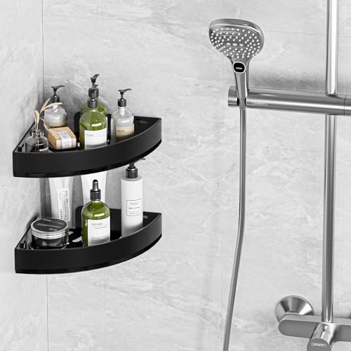 Black Corner Shower Caddy, Triangle Shower Shelf No Drilling, Metal | Rustproof Aluminium, Adhesive & Drill Installation, Wall Mounted, 2 Pack, Bathroom Shampoo Holder for Toiletries