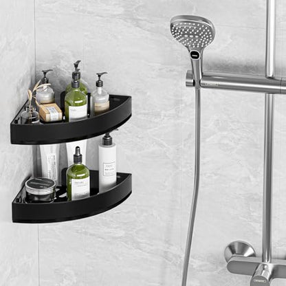 Black Corner Shower Caddy, Triangle Shower Shelf No Drilling, Metal | Rustproof Aluminium, Adhesive & Drill Installation, Wall Mounted, 2 Pack, Bathroom Shampoo Holder for Toiletries
