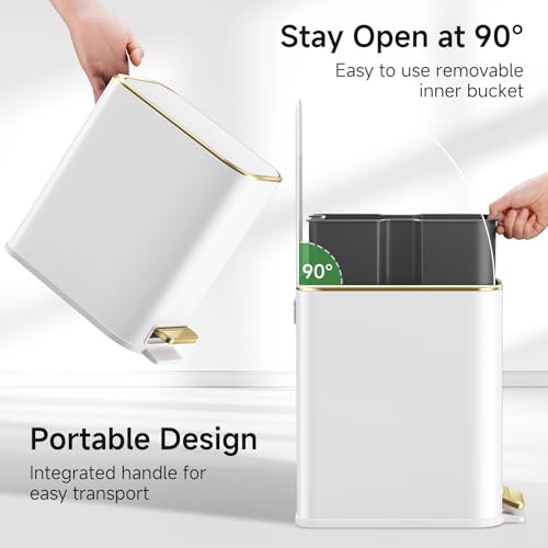 TIPGO Small Bathroom Trash Can with Lid Soft Close, Step Pedal, 5 Liter / 1.3 Gallon Stainless Steel Trash Bin, Slim Garbage Cans for Toilet, Office, Bedroom (White)