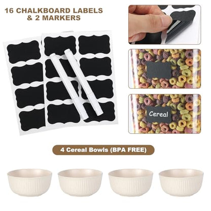 Cereal Dispenser Countertop with Cereal Bowls,16 Labels & Pen, Cereal Containers Storage, Candy Dispenser, Dry Food Dispenser For Pantry - Not Easy to Crush Food (White, 2 Pack)