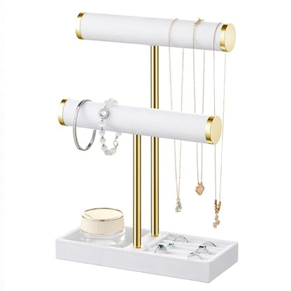 bussdis 2 Tier Bracelet Holder Display, Necklace Holder Organizer, White | Velvet Necklace Holder | Jewelry Tree | Jewelry Towers | Jewelry Stand Organizer for Necklaces, Bracelets, Earrings, Rings