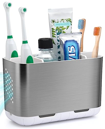 Electric Kids Toothbrush Holders for Bathrooms (Brushed Nickel Silver) | 5 Slots Toothbrush Organizer with Adjustable Dividers and Drainage, for Bathroom Countertop Organizer