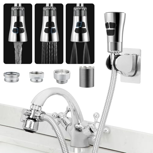 CECEFIN Kitchen Faucet Hose Attachment, 4-Mode ON/Off Spray Head w/Filter | 4.9Ft Stainless Steel Hose, Water Saving Aerator w/ 3-Way Diverter Valve, for Laundry/Bathroom Sink Hair Washing Pet Shower
