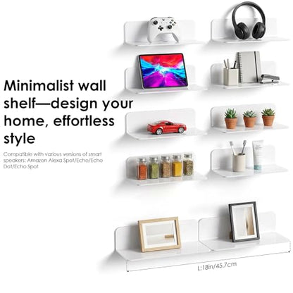 OAPRIRE Acrylic Floating Wall Shelves White, No Drill, 9 Inch 2 Pack | Strong Tape Adhesive Wall Shelf, Easy Installation, Hole Design with Cable Clips, Small Spaces Bedroom Bathroom Living Room