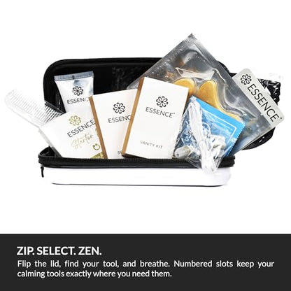 Essence Travel Amenity Kit | Travel Essentials & Travel Size Toiletries Kit | 5-Pack Nasal Diffuser Rings, Sleep Mask, Lotion & Hygiene Kit | Travel Toiletry Kit for Women | Black Case
