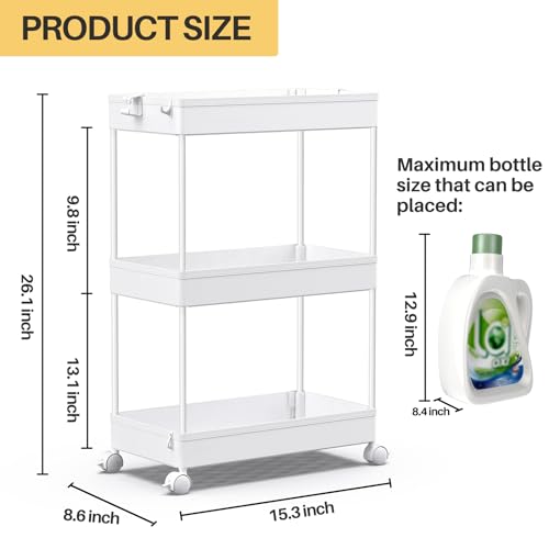 SPACEKEEPER 3 Tier Rolling Cart, Bathroom Cart Organizer with Wheels, White | Mobile Storage Cart for Laundry Room Organization,Kitchen,Office,Bathroom, Utility Cart for Snack,Craft,Art,Makeup,Nail,Toys