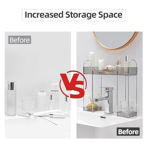 YCIA&DONE Bathroom Countertop Organizer Over The Faucet, Narrow Counter Organizers Above Sink, Table Mounted Faucet Over Sink Shelf for Kitchen, Toilet, Laundry(Smoky Gray)