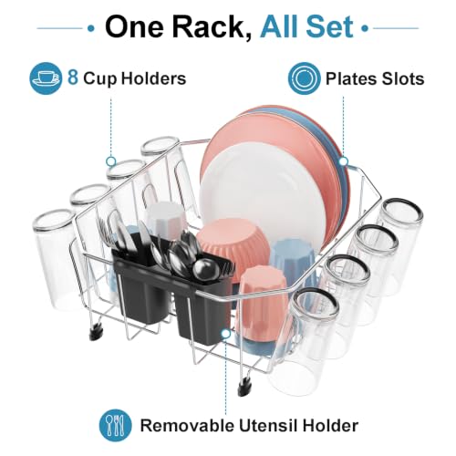 Small in Sink Dish Drying Rack - Stainless Steel for RV Kitchen | Compact Design for Apartments, 1-2 Person, Utensil Holder, Cup Hooks, Angled Corners Fit Square & Round Sinks, 11.6" x 13.4"